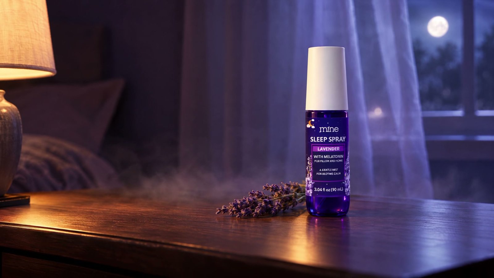 mine sleep spray resting on a nightstand at night, beside a sprig of lavender